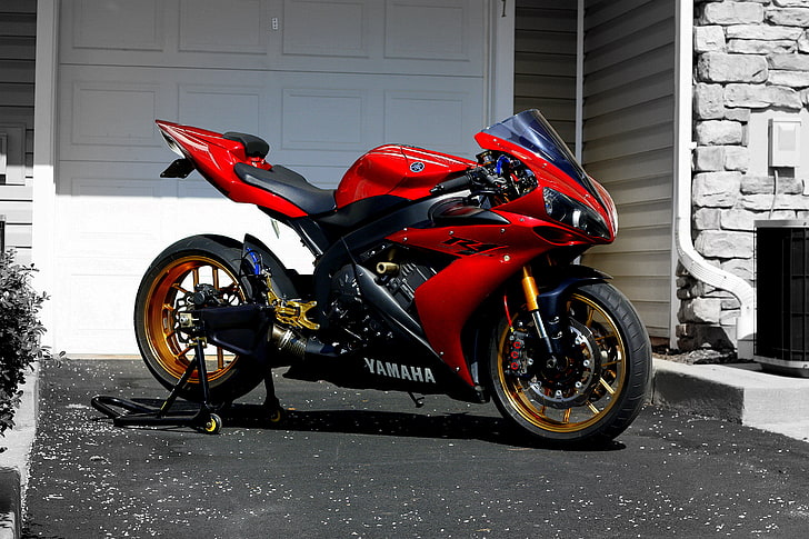 red and black Yamaha sports bike, r1, sportbike, motorcycle, engine
