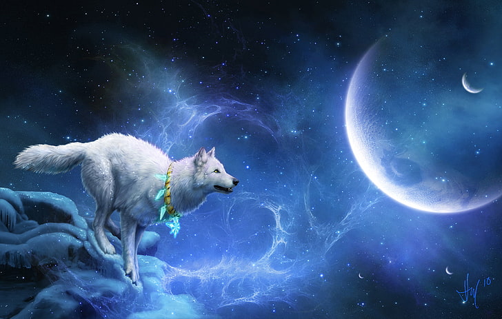 animals, fantasy art, wolf, planet, sky, Moon, animal themes, HD wallpaper
