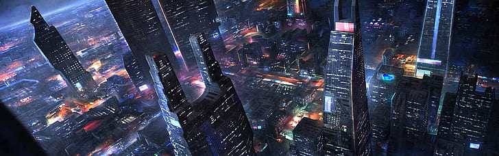 Future city, skyscrapers, night, lights, art design