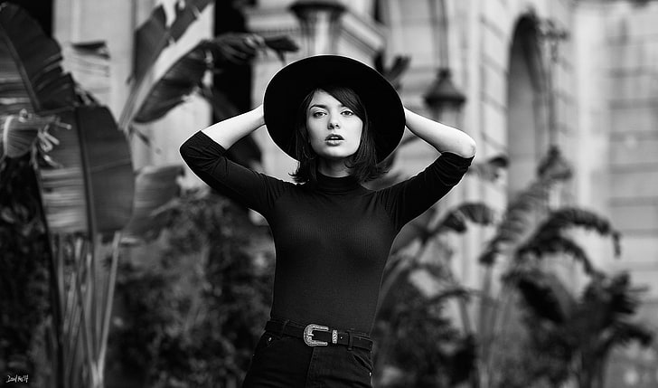 David Mas, monochrome, hat, arms up, women, 500px, looking at viewer, HD wallpaper