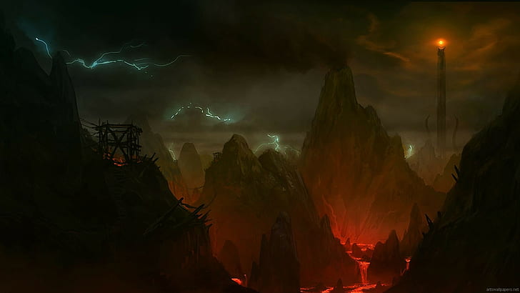 mountains, fantasy art, Sauron, lava, The Lord of the Rings, HD wallpaper