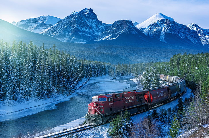red train, red train on rail photography, Canada, landscape, mountains