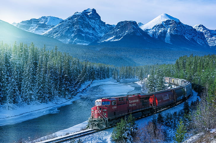 HD wallpaper: train, river, Canada, snowy peak, Rocky Mountains, railway |  Wallpaper Flare