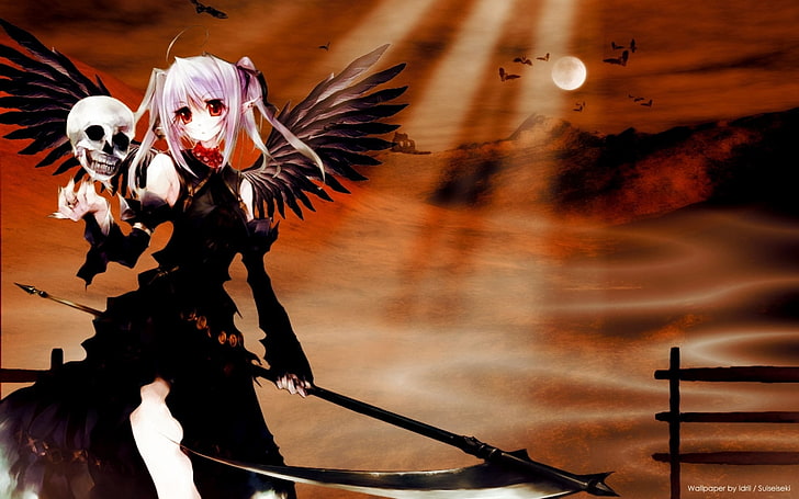 HD wallpaper: dark angel anime character, girl, skull, scythe, wings,  sunset | Wallpaper Flare