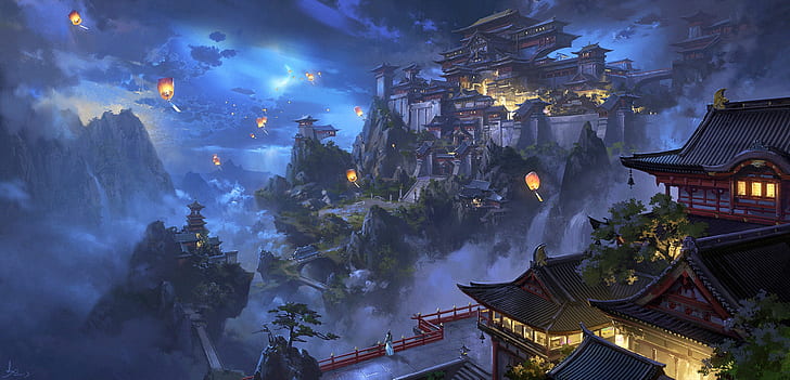 night, the city, lanterns, ling xiang
