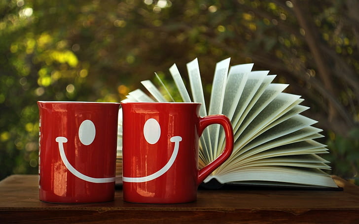 books, cup, smiley, trees, HD wallpaper