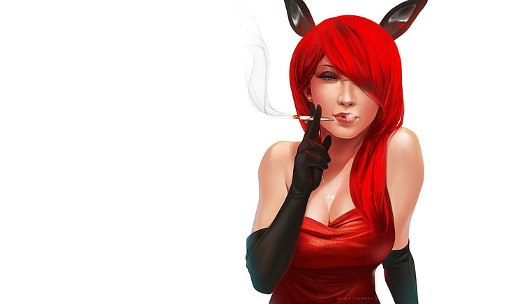 woman wearing red dress and smoking cigarette digital wallpaper