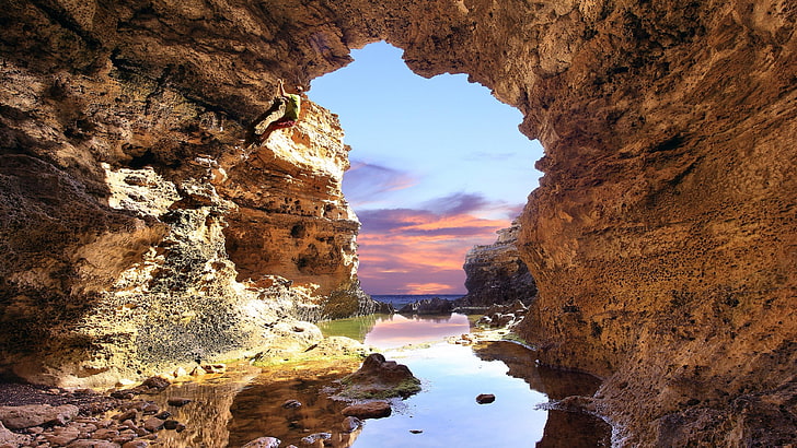 cave, seaside, rock, nature, natural arch, sky, rock formation