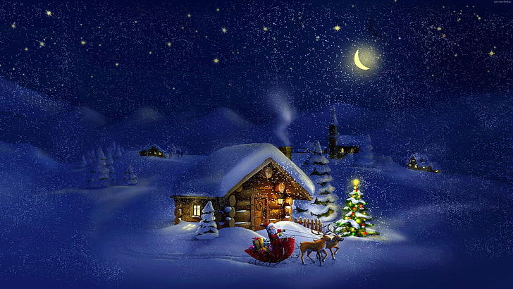 Christmas Night Village In Snowy Christmas Wallpaper Hd  Wallpapers13com