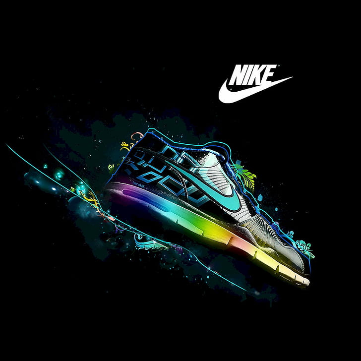 Logos, Nike, Famous Sports Brand, Dark Background, Shoe, Colorful Rays, black teal and yellow nike sneaker