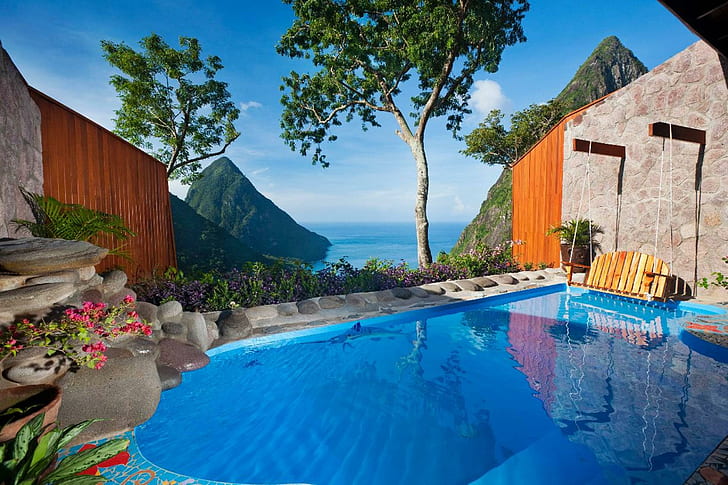 Luxury Pool Clifftop Hideaway, st-lucia, hot-tub, ocean, caribbean, HD wallpaper