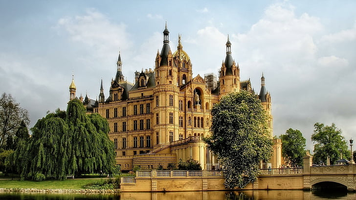 schwerin castle, germany, chateau, landmark, sky, tree, reflection
