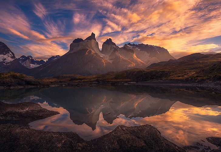 mountains, Chile, lake, clouds, reflection, Torres del Paine