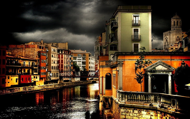 orange concrete building, cityscape, Rome, dark, sky, water, architecture, HD wallpaper