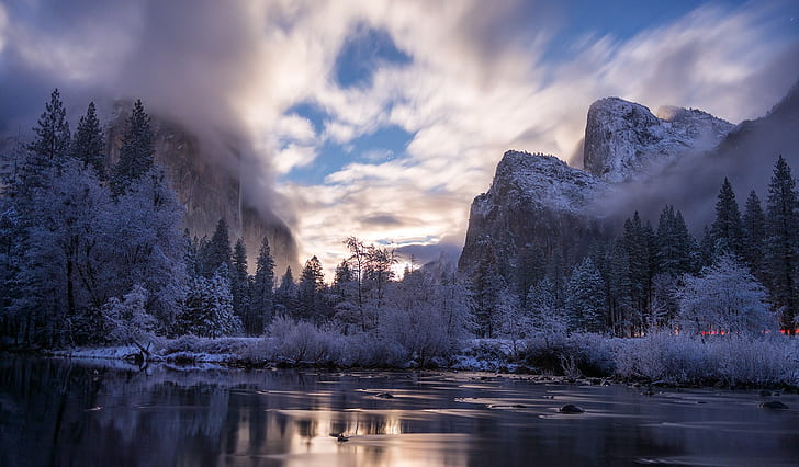 mountains, Yosemite National Park, winter, frost, snow, trees, HD wallpaper