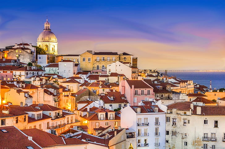 white and brown concrete buildings, Sunset, Lisbon, portugal, HD wallpaper