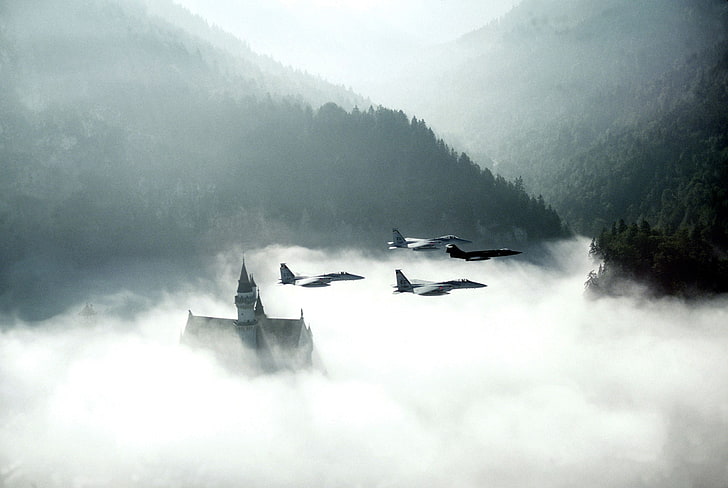 black fighter jets, nature, landscape, airplane, clouds, castle
