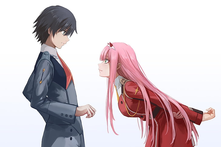 zero two x hiro, darling in the franxx, pink hair, profile view