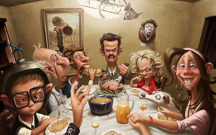 James Hoisel, family cartoon illustration, Funny, cat, food, dog