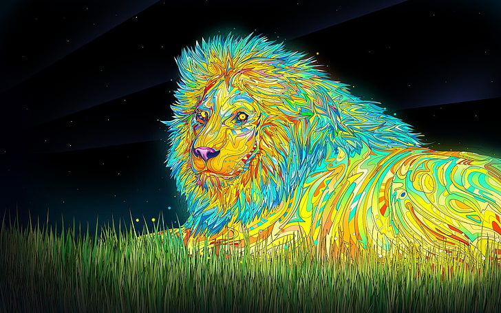 yellow and blue lion illustration, psychedelic, anime, colorful