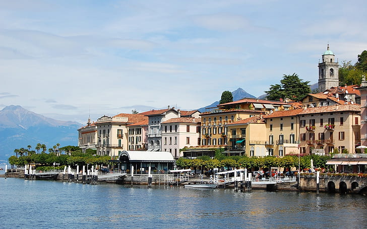 Italy, Lake Como, Lombardy, buildings, pier, mountains