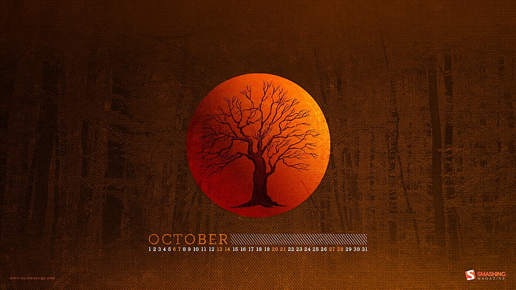 October text with tree life digital wallpaper, trees, calendar