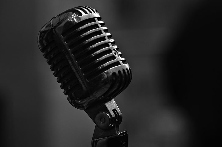 gray condenser microphone, bw, metal, close-up, music, old-fashioned, HD wallpaper