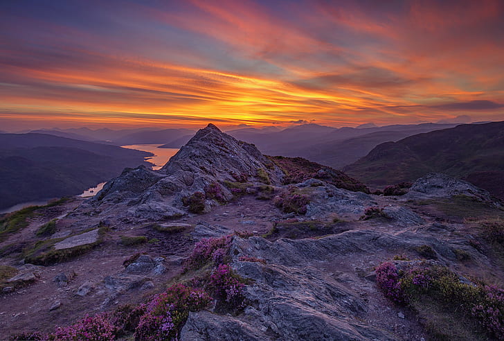 sun set over the horizon, Scotland, Trossachs, Loch Lomond, National Park, HD wallpaper