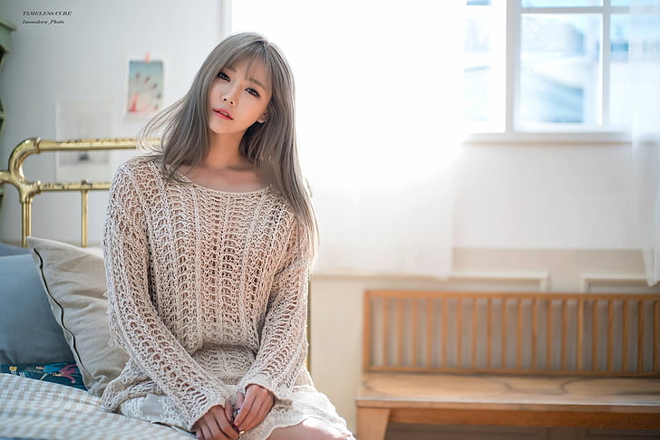 Han Ga Eun, Asian, model, long hair, sunlight, loose clothing, HD wallpaper