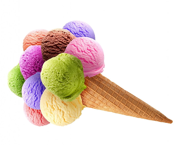 ice cream, food, tube, horn, dessert, sweet, wafer, colored balls, HD wallpaper