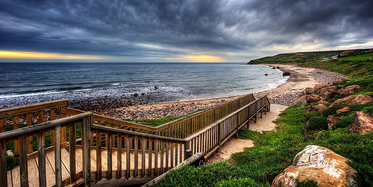 brown wooden rail, nature, HDR, coast, sea, stairs, landscape