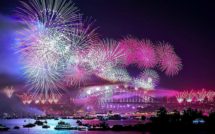 fireworks display at nighttime, cityscape, boat, event, illuminated