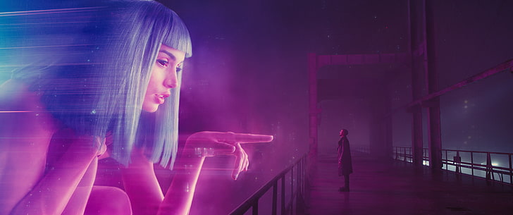women, blue hair, hologram, Blade Runner 2049, futuristic, eye contact