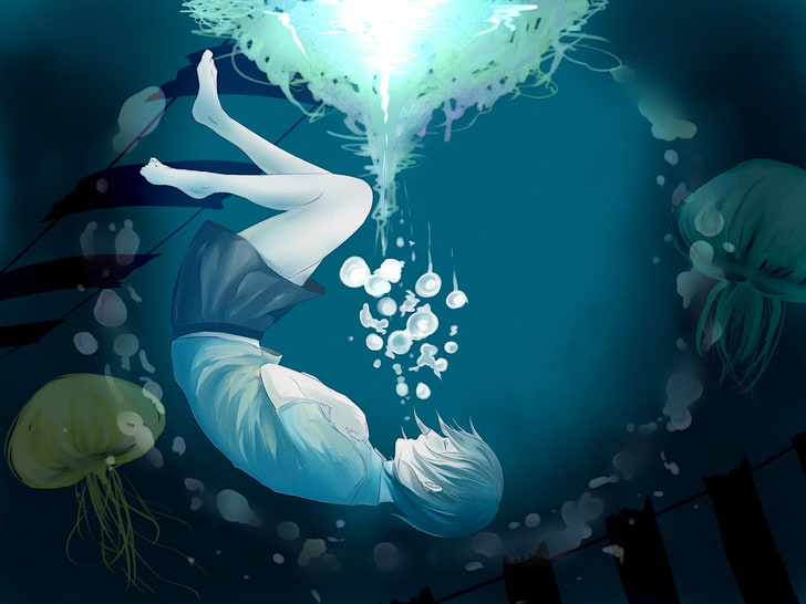 HD wallpaper: drowning girl illustration, bubbles, anime, art, jellyfish,  under water | Wallpaper Flare