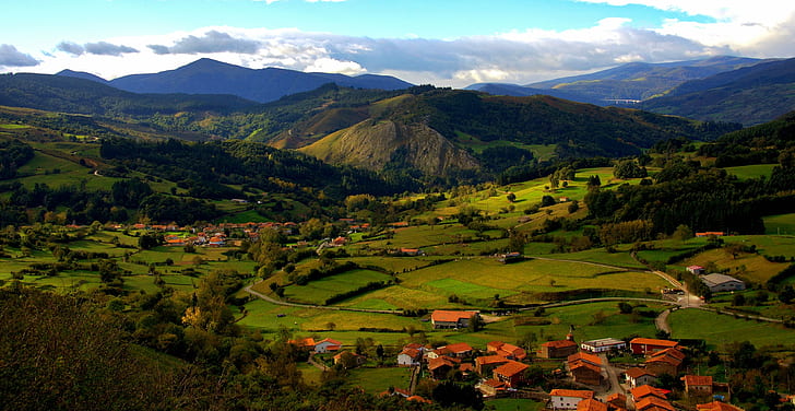 houses near green grass-filled Mountains, cantabria, cantabria, HD wallpaper