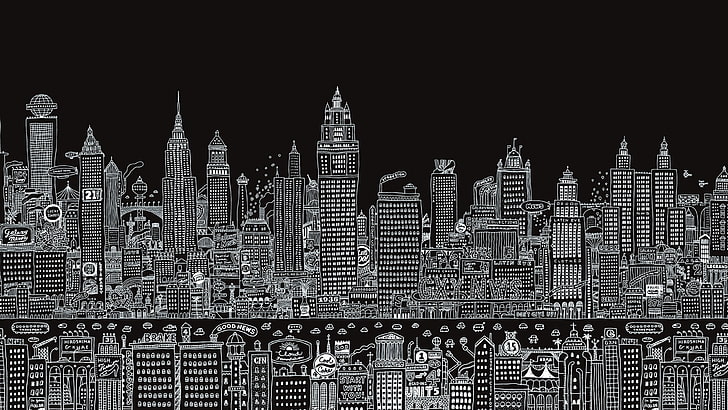 city illustration collage, digital art, dark background, simple background, HD wallpaper