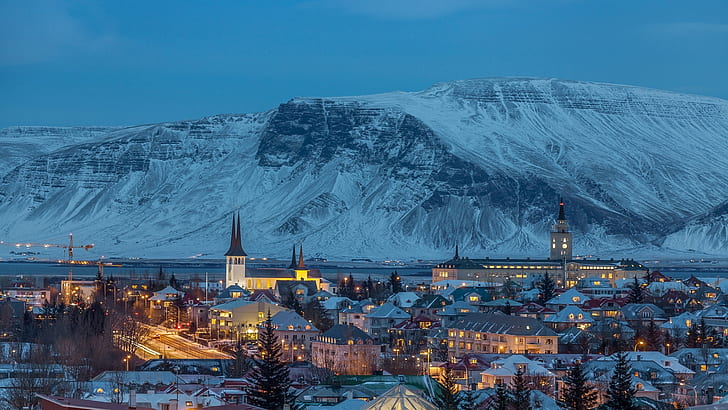 reykjavik, nature, winter, blue hour, mountain, city, snow