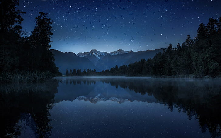 nature, photography, lake, mountains, starry night, landscape, HD wallpaper