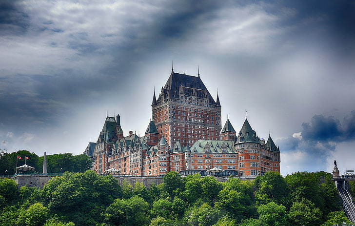 greens, the sky, clouds, trees, castle, Canada, Quebec, Chateau Frontenac, HD wallpaper
