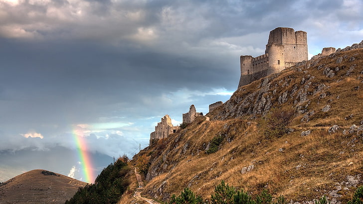 landscape, rainbows, Rocca Calascio, castle, ruin, Italy, architecture, HD wallpaper