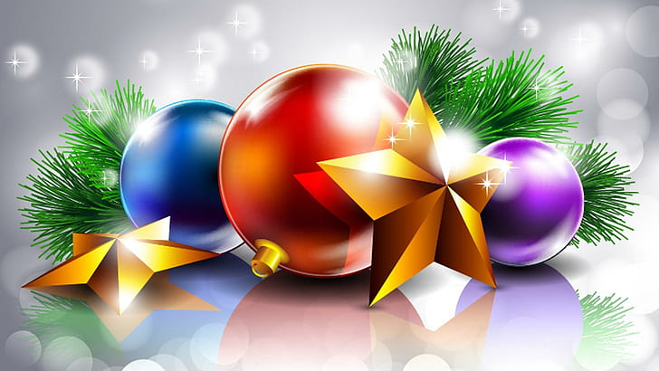Reflections Of Christmas Bright, pine, decoratins, stars, balls, HD wallpaper