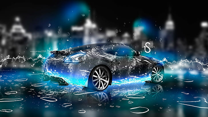 blue, car, city, neon, Nissan, water, Water Drops