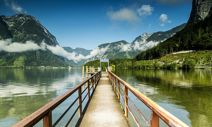 Austria, Hallstatt, lake, rocks, clouds, forest, mountains, pier, HD wallpaper