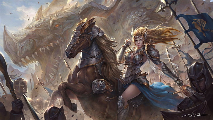 Fantasy, Women Warrior, Armor, Blonde, Dragon, Girl, Horse, HD wallpaper
