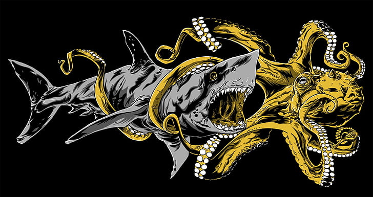 octopus, shark, artwork, animals, yellow, squids, black background