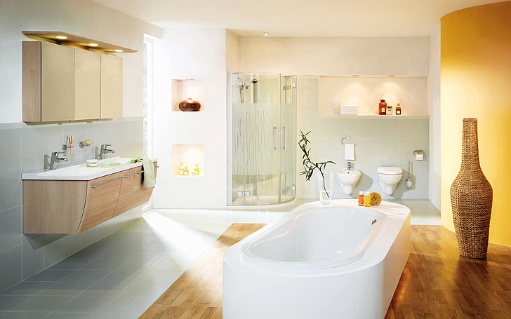 oblong white ceramic bath tub, shower, vase, bathroom, sink, lockers