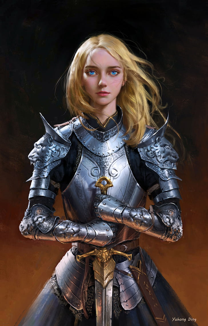 artwork, women, blonde, long hair, armor, sword, warrior, knight