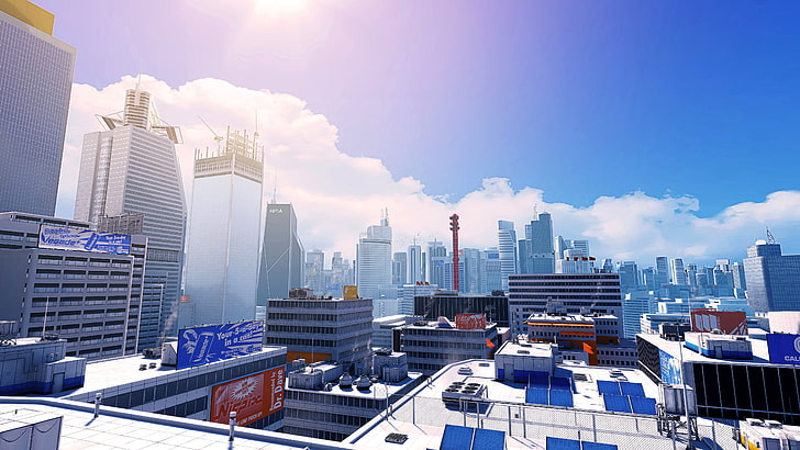 high-rise buildings, Mirror's Edge, video games, city, CGI, building exterior, HD wallpaper