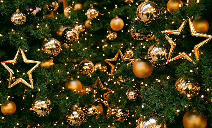 tree, decorations, balloons, stars, gold, new year, christmas, holiday, HD wallpaper