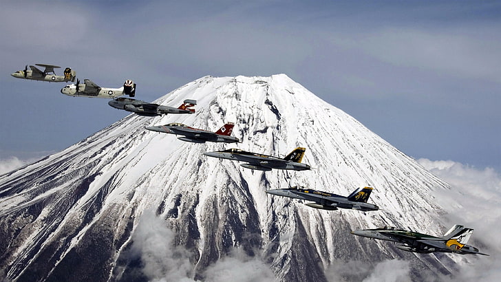 japan, mount fuji, mountain, volcano, stratovolcano, formation flying, HD wallpaper